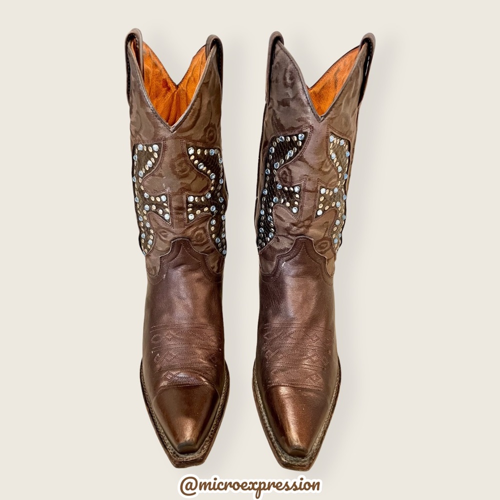 $429 Frye Daisy Duke Floral Metallic Brown Tan Rhinestone Pull On Cowboy Boot - Picture 6 of 16
